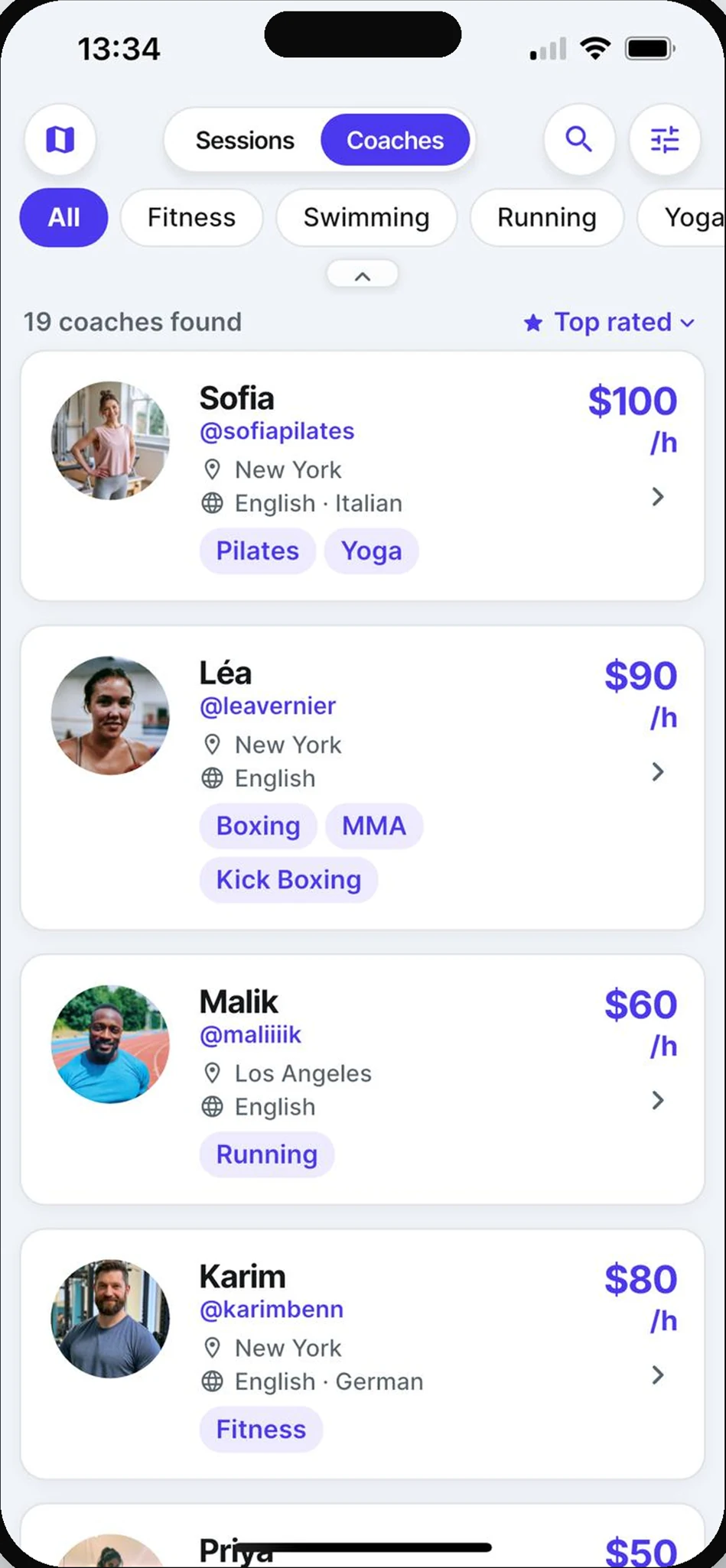 Liste de coachs dans l'app adré